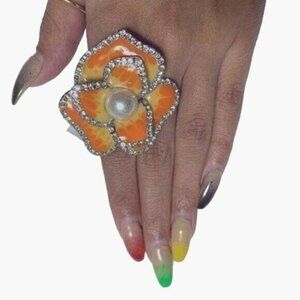 Boutique Ring Orange Floral Enamel Crystal Pearl New with Tags
